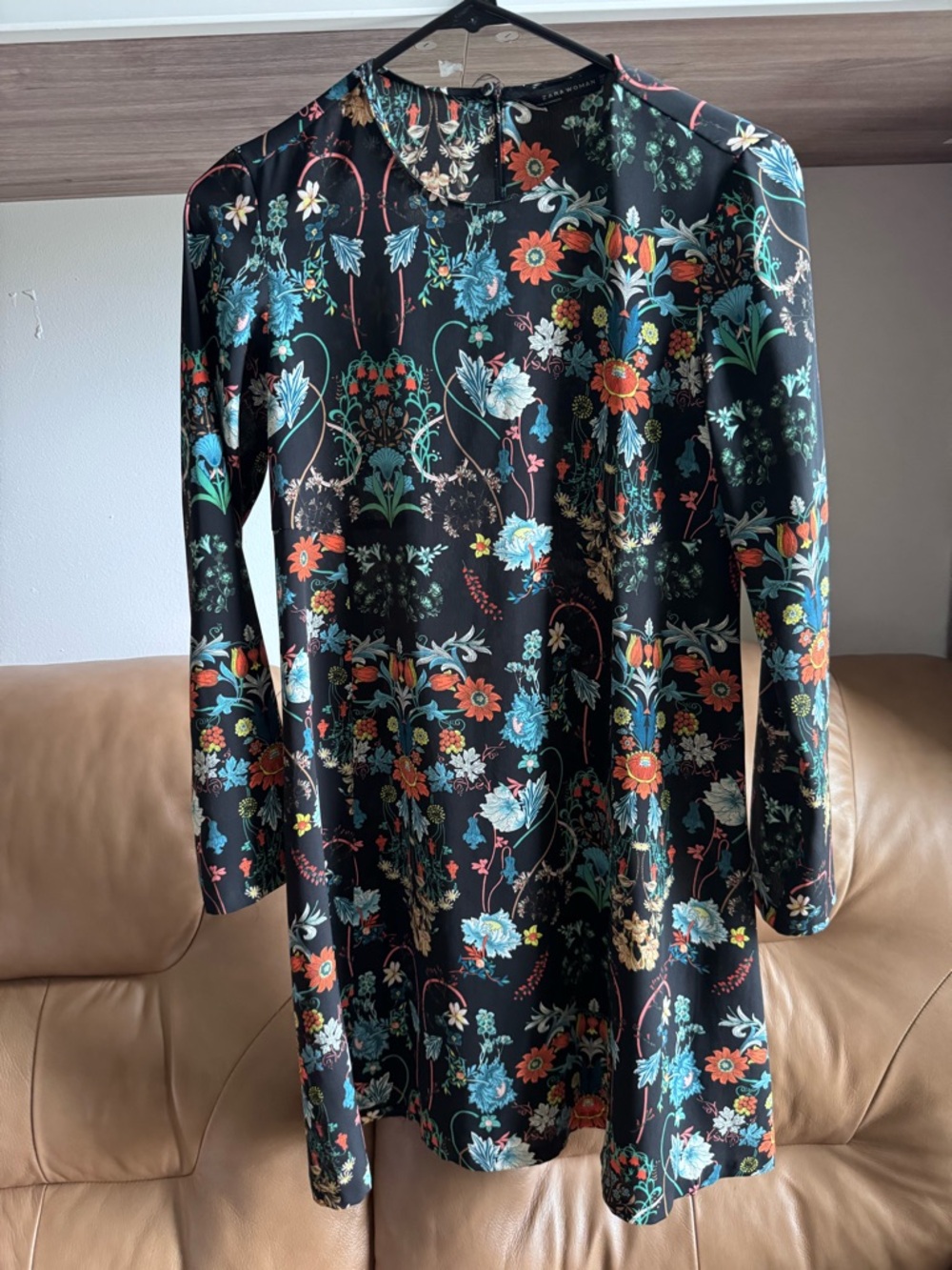 Zara Black Floral Long-Sleeve Shift Dress with Teal & Coral Blossoms